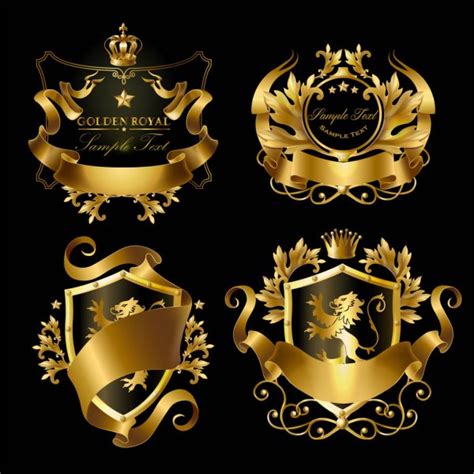 Set Of Vector Icons Of Heraldic Shields With Royal Golden Crowns Stock