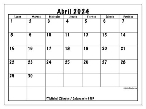 Calendario Abril 2024 Escuela Ld Michel Zbinden Pr