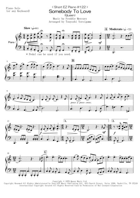 Somebody To Love Sheet Music Queen Easy Piano