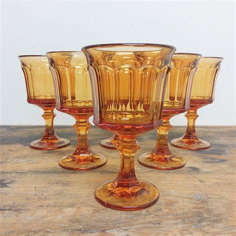 6 Amber Water Glass Goblets Entree By Oneida Pressed Patterned Colored Gold Honey Glassware