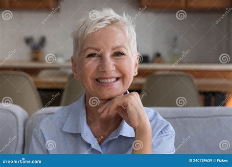 Happy Stylish Senior 60s Woman Home Head Shot Portrait Stock Image Image Of Short House
