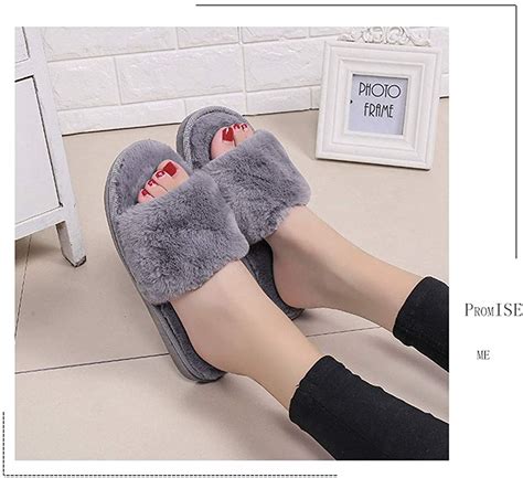 Womens Fur Fluffy Furry Fuzzy Slipper Black Flip Flop Open Toe House