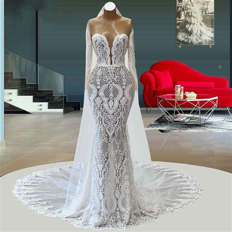 Haute Couture Mermaid Wedding Dresses With Veil Long Bridal Gowns Lace