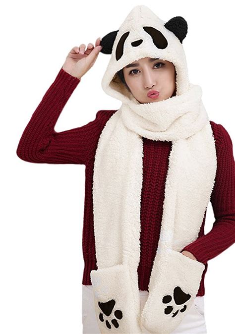 Women Cute Panda Animal Winter Hats 3 In 1 Warm Soft Plush Hoodie Cap