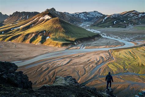 Iceland Man Standing On The Edge Of A Cliff Landmannalaugar Image Free