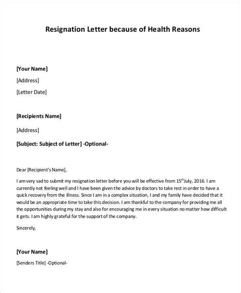 Resignation Due To Medical Reasons Sample Resignation Letter