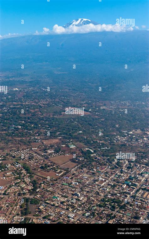 Kilimanjaro And Moshi Town Center Aerial View Tanzania Stock Photo