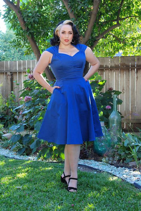 Vintage Style Pinup Heidi A Line Dress In Solid Blue Pinup Couture