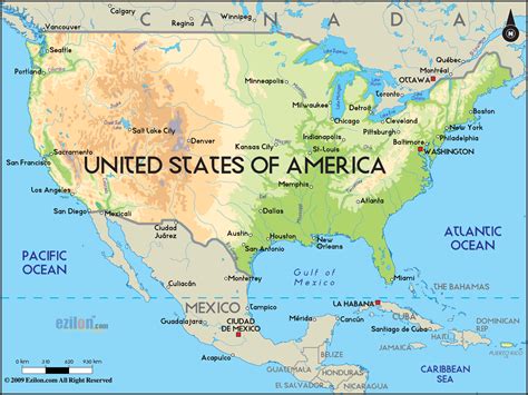 America exists in the day to day through ball games, hamburgers and apple pie, and all that jazz. Physical Map of United States of America - Ezilon Maps