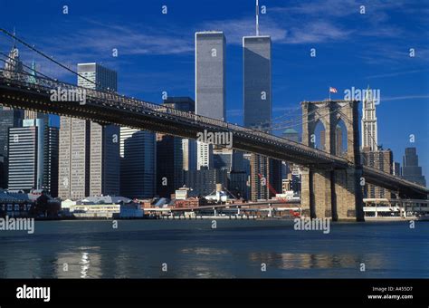 Manhattan Skyline With Twin Trade Towers Brooklyn Bridge