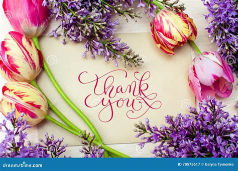 Beautiful Frame Of Lilacs And Tulips For Greeting Card With Words Thank