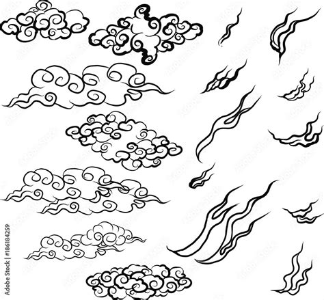 Japanese Fire Tattoo Hand Drawn Red Fire Vector Set Chinese Cloud Isolate Vector Stock Vector