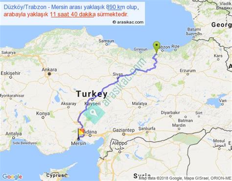 Düzköy Trabzon Mersin arası kaç km, saat