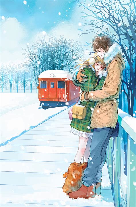 Red Train Anime Couple Snow Romantic Love Tree