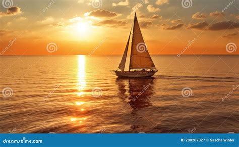 Golden Horizons: a Serene Encounter of Sailing Yacht and Sunset Stock