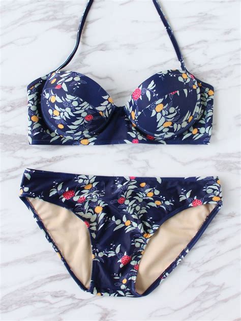 Shop Navy Floral Print Bustier Bikini Set Online Shein Offers Navy