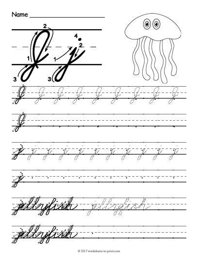 Kyle and his keys help kids practice writing capital and lowercase k in cursive on this third grade writing worksheet. Free Printable Cursive J Worksheet | Cursive writing ...