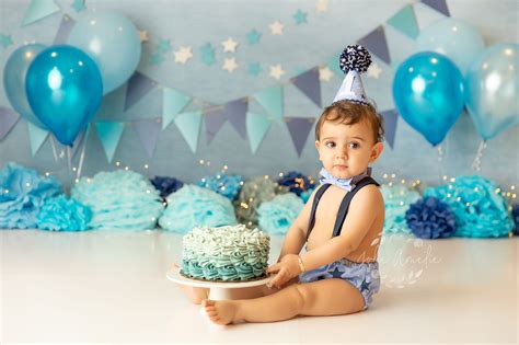 Baby Boy 1st Birthday Cake Smash Caucasian Baby Boy Celebrating His
