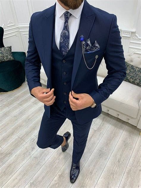 Men Suits Navy 3 Piece Slim Fit One Button Wedding Groom Party Wear