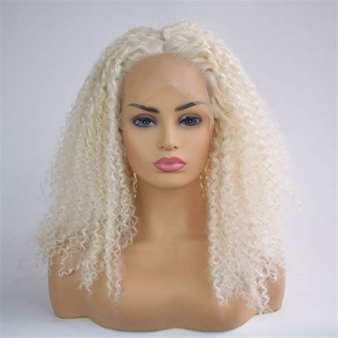 Bombshell White Kinky Curly Hand Tied Synthetic Lace Front Wigs