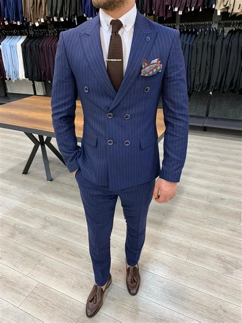 Buy Navy Blue Slim Fit Double Breasted Pinstripe Suit By