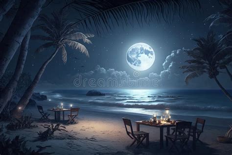 Beautiful Beach Moonlight Romantic Environment Stock Illustration