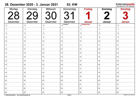 Monatskalender januar 2021 online und zum ausdrucken/download. Kalenderwochen Wochenkalender 2021 Zum Ausdrucken ...