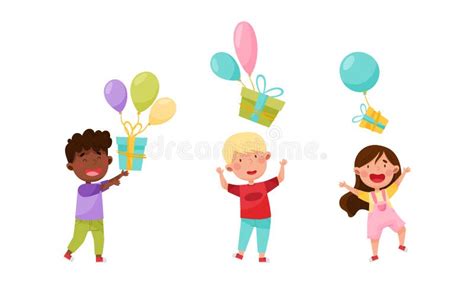 Set Of Happy Boys And Girl Holding Balloons And T Boxes Children