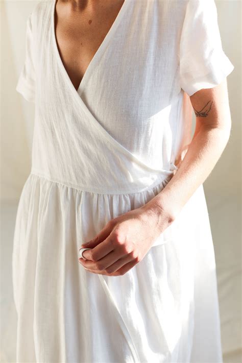 White Linen Wrap Dress Midi Linen V Neck Dress Handmade By Etsy