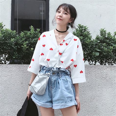 Mihoshop Ulzzang Korean Korea Women Fashion Clothing Summer V Collar Heart Print Loose Casual