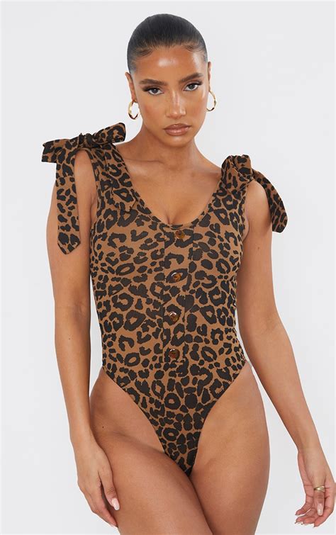 tan leopard print tie detail bodysuit tops prettylittlething ksa