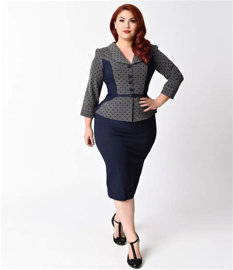 Stop Staring Plus Size Navy Blue And Grey Dotted Sleeved Leonora Wiggle