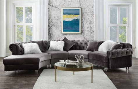 Acme Furniture Ninagold Sectional Sofa With 7 Pillows In Gray Velvet