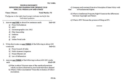 Tezpur University Tu Codl Semester End Mmc Media Law And Ethics Spring Question