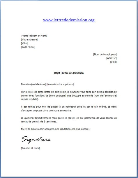 Lettre De Demission Avec Preavis Reduit Modele De Lettre Type