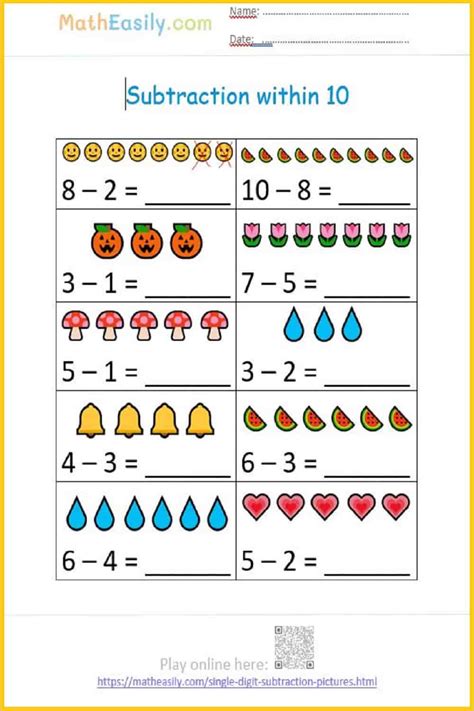 Single digit subtraction within 10: worksheets and games