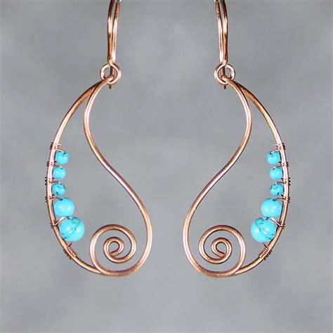 Copper Earrings Turquoise Earrings Wiring Earrings Teardrop Etsy