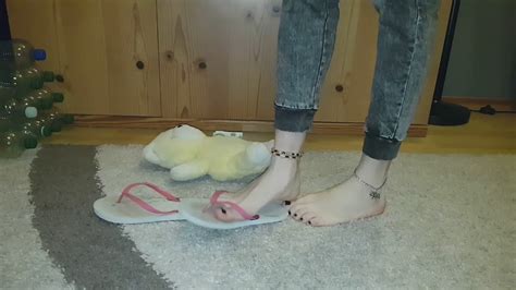 Trample Tedy Bear With My White Well Worn Flip Flops And Barefeet