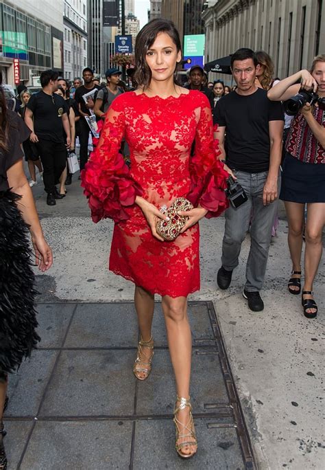 Nina Dobrevs Red Marchesa Dress At Fashion Week Popsugar Fashion