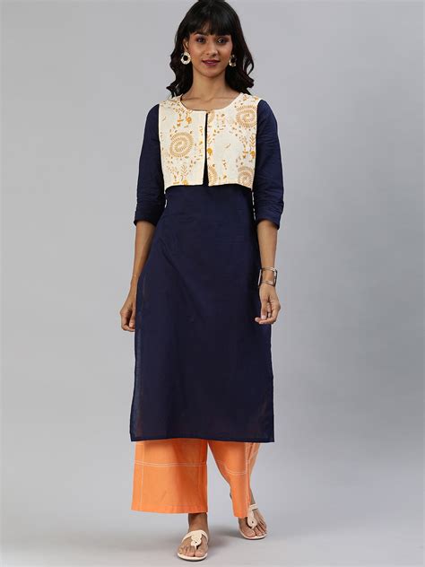 Buy Anouk Women Navy Blue And Off White Solid Straight Cotton Linen Kurta