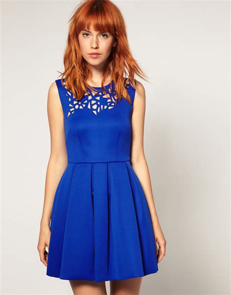 Asos Collection Black Neoprene Laser Cut Waisted Dress In Blue Lyst