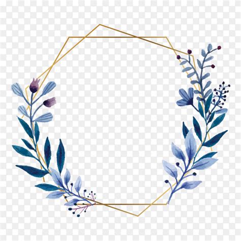 Watercolor Floral Frame With Gold Frame On Transparent Background Png
