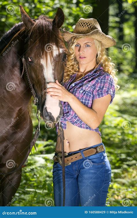 Blond Cowgirl With Her Horse Stock Image Image Of Blond Adult 160588429