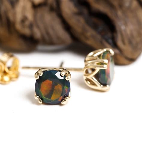 Natural Black Opal Multi Fire Stud Earrings In Solid K Etsy