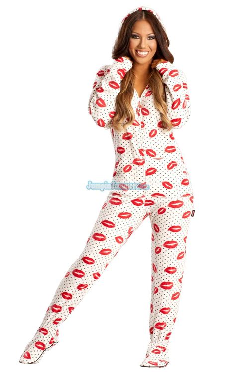 White Sexy Lips Hooded Adult Pajamas These Sexy One Piece Pajamas Feature A Hoody Thumb Holes