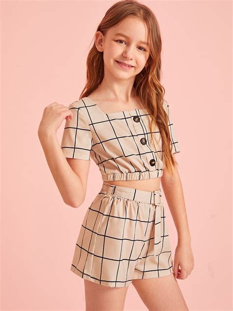 Girls Button Detail Grid Top And Buckle Belted Shorts Set Girls