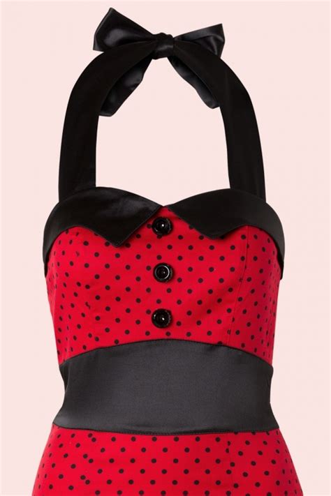 50s Black Polkadot Pencil Halter Dress In Red
