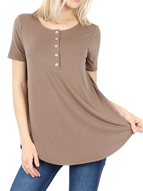Women And Plus Short Sleeve Dolphin Hem Relaxed Fit Henley Tee Shirt Top