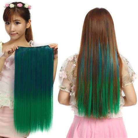 Green Hair Synthetic Clips In Hair Extensions Heat Resistant Hairpieces