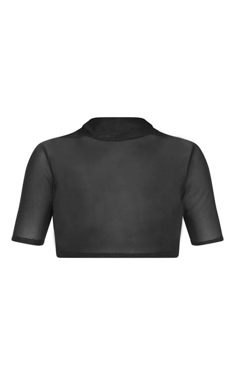 Black Mesh Short Sleeve Crop Top Tops Prettylittlething Aus